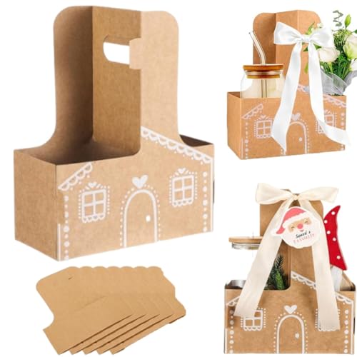 SLERFT Gingerbread House Christmas Box / Cup Holder, DIY Gingerbread Drink Holder, Small Xmas Drinking Boxes with Handle, Holiday Gifts Packaging Carrier for Party Favors and Festive(5PCS)
