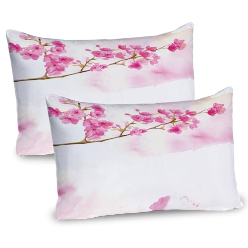 Ambesonne Cherry Blossom Pillow Sham Set of 2, Watercolor Art of Japanese Peaceful Blossom Gardens, Quality Microfiber Bedding Item for All Seasons, 30