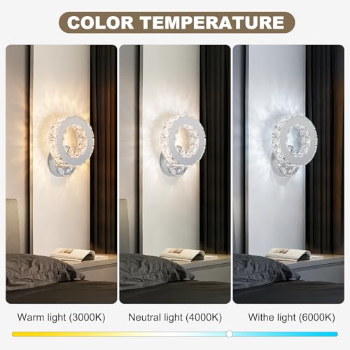 Image of Buccleuch LED Crystal Wall Sconce, Bright Adjustable Color Wall Sconce Light Fixture Stainless Steel White K9 Crystal Wall Lamp for Living Rooms Bedrooms Bathrooms Corridors Entrances Stairs