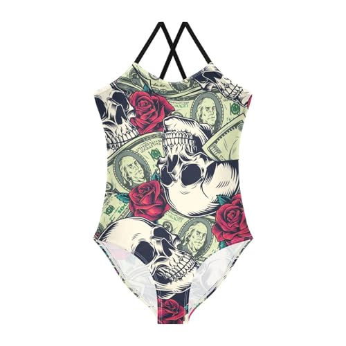 Girls One Piece Swimsuits Skulls Rose Flowers Dollar Banknotes Sport Halter Swimwear Beach Bathing Suit, 4T