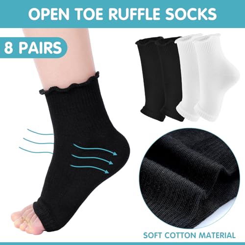 8 Pairs Women Ruffle Toeless Socks Cotton Pedicure Socks Cute Open Toe Anklet Flip Flop Frilly Toeless White Footies for Girls Yoga Spa Foot Massage2