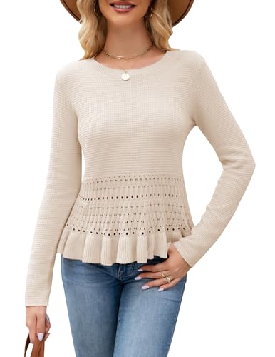 Womens Long Sleeve Cropped Crochet Sweaters Boho Knit Peplum Ruffle Hem Cute Pullover Tops 2025 Fall Outfits S-XL