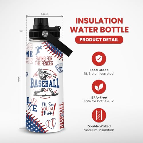Image of Baseball Water Bottle - 32oz Stainless Steel Insulated Sport Bottles with Lid - Men Baseball Lover Player Fan Coach