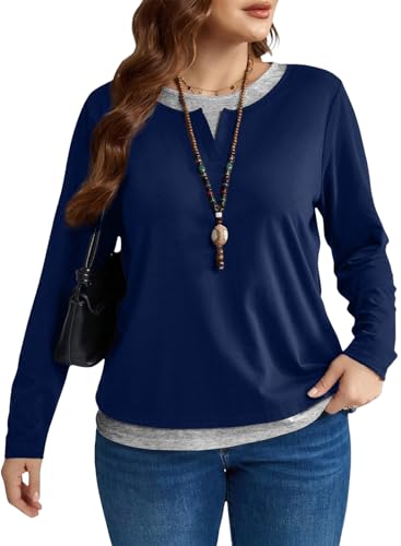 Image of Eytino Women Plus Size Fall Tops Patchwork Shirts(1X-5X) | Casual Crewneck Long Sleeve,Fashion Color Block Basic Tees,Loose Fit Blouse