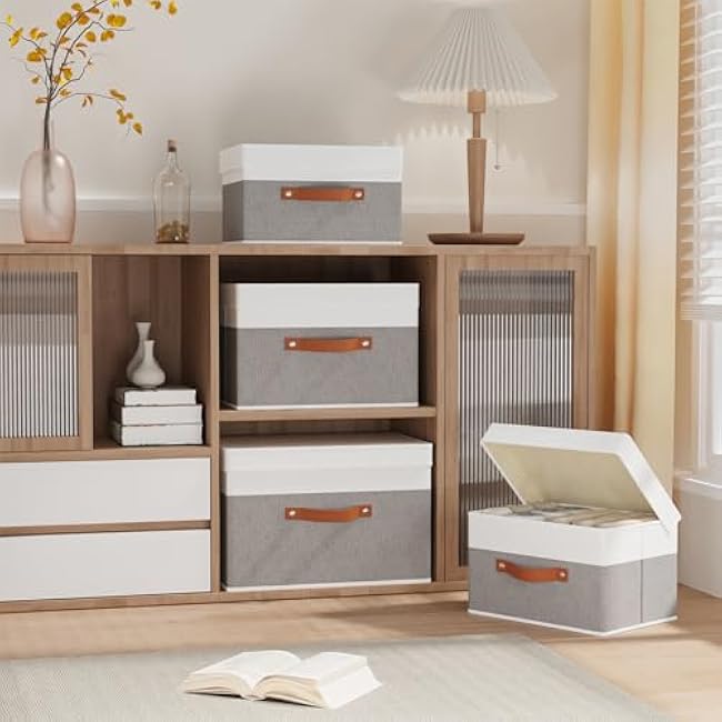 Fabric Storage Boxes with Lids, Linen Foldable Cloth Baskets, Closet Organizer Containers with Double Handles, Sweater Bins for Bedroom, White and Grey, 1 Pack, 13 x 9.1 x 7.9 Inch