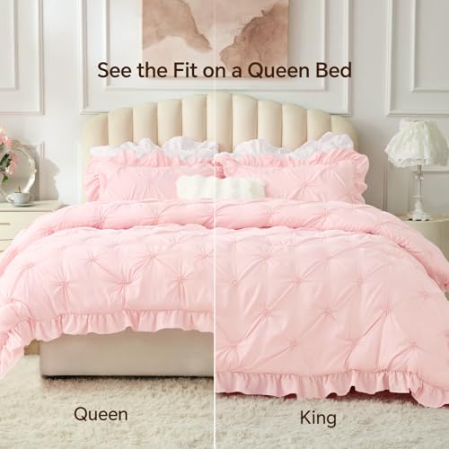 Image of BEDELITE Twin Comforter Set Ruffle-Baby Pink,Lightweight & Soft Comforter | Pintuck Boho Bedding, Warm & Cute Bed Set for All Season,With 1 Pillowcase