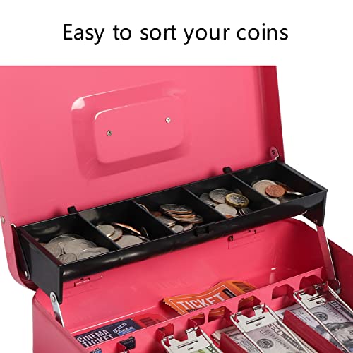 Kasten Cash Box With Money Tray And Key Lock, Metal Money Storage Box, 11.8"X 9.5"X 3.5", Large Pink #TOP1