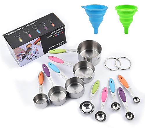 feihao Lot de Tasses et cuillères à mesurer,Measuring Spoon Set, Acier Inoxydable renforcé, Lot de 12, mesures gravées - pour Les ingrédients liquides et secs