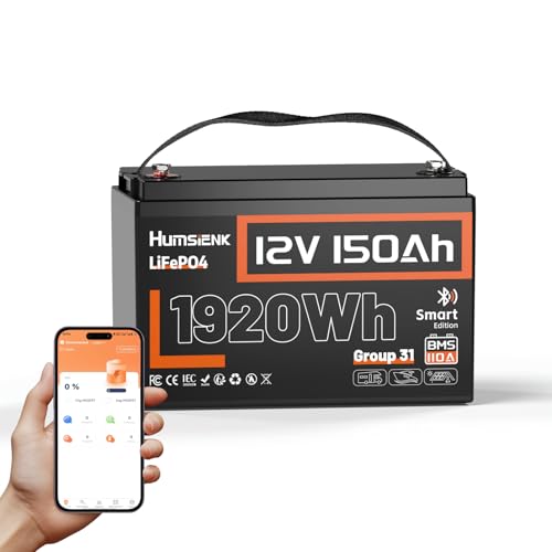 Humsienk Batería Litio LiFePO4 12V 150Ah con Bluetooth,1920Wh, BMS Inteligente de 110A,4.000–15.000 Ciclos Profundos de 12 V 1920 Wh Recargable,Protección Baja Temperatura—para Solar,Autocaravana (RV)