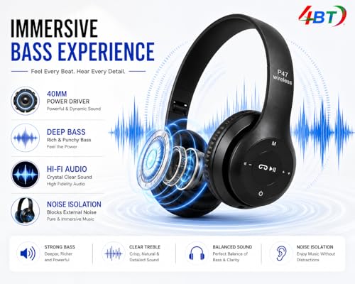 Image of 4BT Wireless Headphones, Bluetooth 5.0 + EDR Over-Ear Design with Playback Controls, Stereo Sound & Comfortable Fit