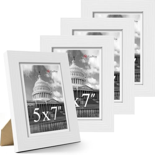 KissNow 5x7 Picture Frame 4 Pack, White Solid Wood, Wall or Tabletop