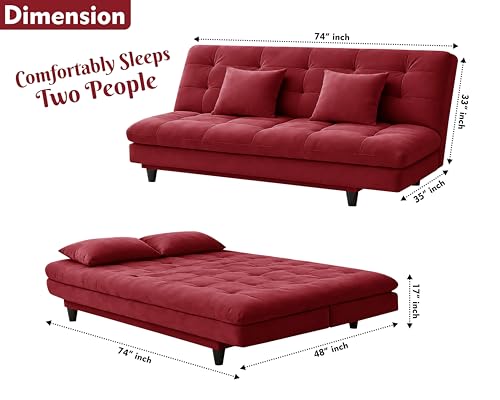 Image of Velvet 3-Seater Apsen Sofa Bed with Tufted Sleeper Couch with Adjustable Backrest- Living Room Furniture - Red Color