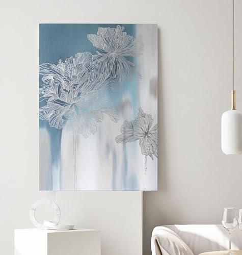 Tableau floral bleu argenté XINBAO 60x90 cm encadré pour mur salon