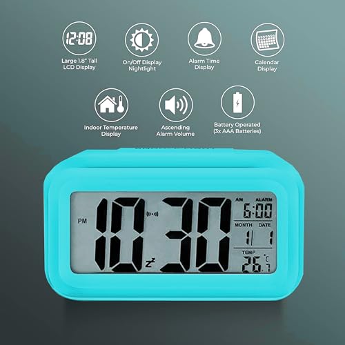 Image of Casa Copenhagen Digital Alarm Clock Table Clock for Students, Home, Office, Corporate with Automatic Sensor, Date & Temperature - Teal