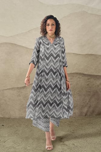 Toochki Dress For Women | Two Piece Dress For Women Long | Dress | Maxi Dress For Women | Dresses | Zig Zag Printed Dress | Cotton Dress For Women | Flared Dress | Dress With Palazzo For Womens Grey