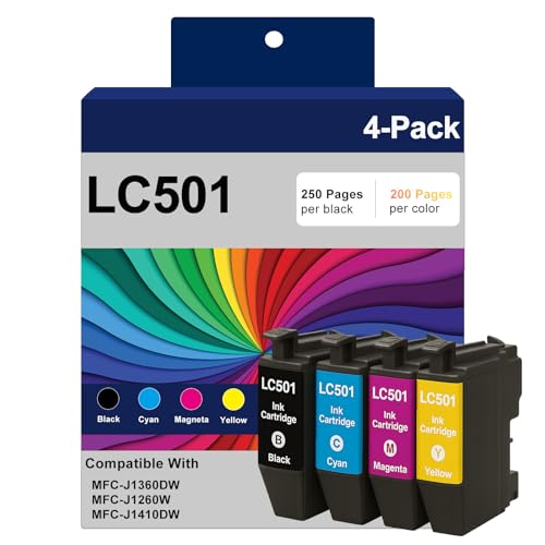 Image of LC501 Ink Cartridges Replacement Compatible for Brother LC501 LC 501 High Yield Ink Cartridges Combo Pack Work with MFC-J1260DW MFC-J1360DW MFC-J1410DW Printers (4 Packs, Black, Cyan, Magenta, Yellow)
