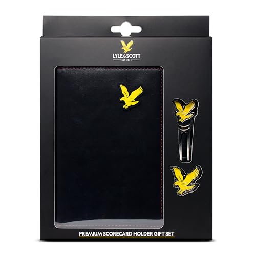 Lyle and Scott - Juego de Regalo de Cuero para Tarjetas de puntuación de Golf con Marcador de Bola de águila de Metal y Herramienta de Divot, Costura, diseño de Dos Tonos, Correas elásticas, Regalo