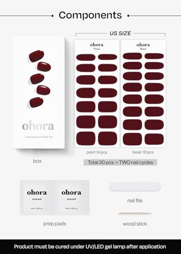 Image of ohora Semi Cured Gel Nail Strips (N Classic Burgundy) - Red, Solid, Works with Any UV /LED Lamps, Salon-Quality, Long Lasting, Easy to Apply & Remove - Includes 2 Prep Pads, Nail File & Wooden Stick