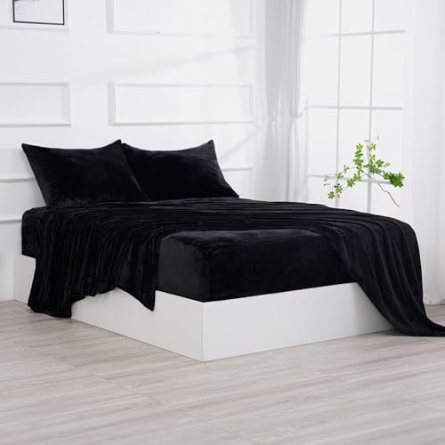 Micro Fleece Bed Sheet Set Full Size Black - Ultra-Soft Velvet Plush Full Bed Sheets with Deep Pockets,No Pilling,Cozy Warmth for All Season - 4 Piece Set Bedding Sheets & Pillowcases - Thumbnail 4