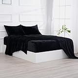 Micro Fleece Bed Sheet Set Queen Size Black - Ultra-Soft Velvet Plush Queen Bed Sheets with Deep Pockets,No Pilling,Cozy Warmth for All Season - 4 Piece Set Bedding Sheets & Pillowcases