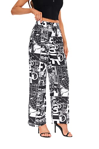 Decivi Women's Wide Leg High Waist Pants Floral Loose Fit Back Elastic Waist Print Trousers Black/White #TOP3
