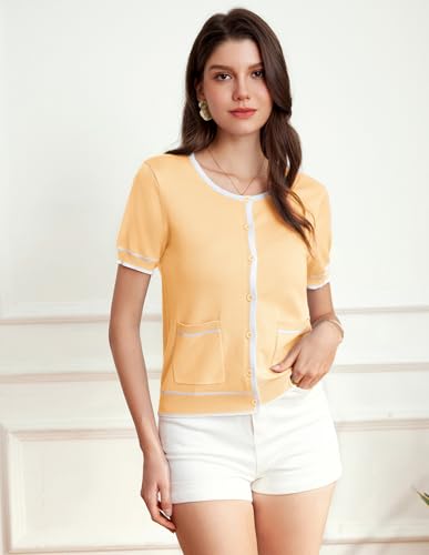 Image of GRACE KARIN Short Sleeve Contrast Cardigan Sweaters for Women Summer Casual Striped Button Down Bolero Shrug