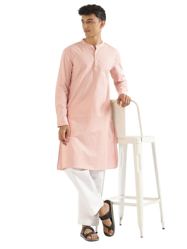 Image of SAADAA Men's Long Kurta - Linen Cotton Blend, Airy Fabric, Regular Fit, Mandarin Collar, Solid Color - Casual, Festive & Ethnic Wear