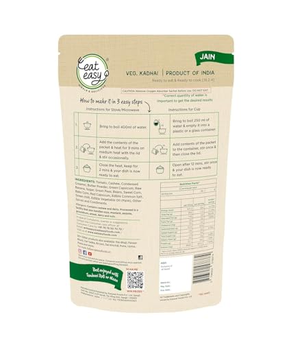 Image of Eat Easy Ready To Eat Jain Veg Kadhai, 85gm of 1 Pack, Instant Food, Indian Meal, Travel Food, No Preservatives, No Added Artificial Colours & Flavours, Just Add Water and Cook (Pack of 2)