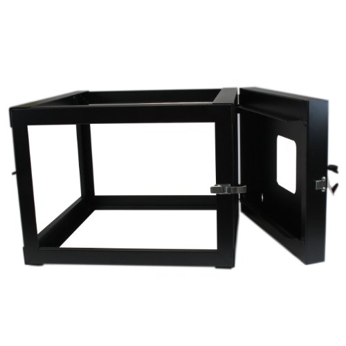 Image of StarTech 6U 4-Post Hinged Wall Mount Open Rack, 19in, 109lb (RK619WALLOH) | Swing-out hinged frame, SPCC cold-rolled steel, Ships fully assembled, Cage nuts, 19.8in /50.2cm depth