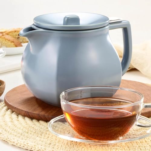 Image of Tea Forte Ceramic Teapot with Infuser, Stone Blue, 24 oz | Light Blue Ceramic Teapot & Lid - Stainless Steel Loose Leaf Tea Infuser - Microwave & Dishwasher Safe