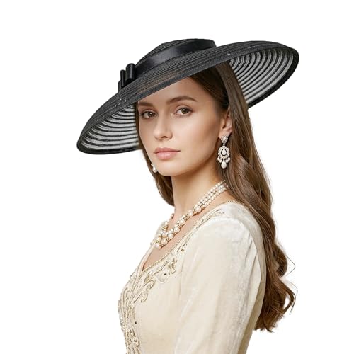 F FADVES Fascinators for Women Elegant Wide Brim Tea Party Church Wedding Hat Black