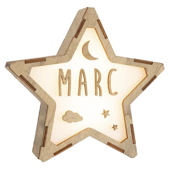 Lámpara LED mesita de Noche. Luz Nocturna Infantil. Estrella de Madera Luminosa. Luces LED habitación. Regalo bebé. Baby Shower. Decoracion cumpleaños. Lámpara Personalizada con Nombre. Luna