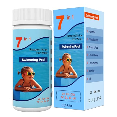 AKSBTEC Pool Teststreifen 7 in 1, 50 Stück Pool Wassertester Einfach Teststreifen für Pool Ph und Chlor,Cyanursäure,Brom und mehr Pool Tester Poolzubehör für Schwimmbäder,SPA,Jacuzzi&Whirlpools
