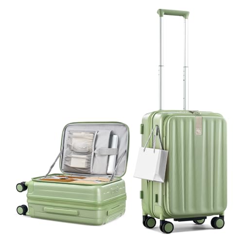 Image of Hanke 56cm Expandable Cabin Trolley Bag, 15.6 Inch Laptop Compartment, Top Opening Hard Shell Polycarbonate, 8 Durable Silent Spinner Wheels, Lightweight Carry On Suitcase for Women,Bamboo Green