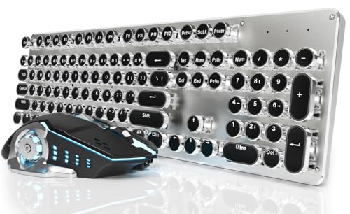 Image of EWEADN TK950 Typewriter Mechanical Keyboard and Mouse, 104 Keys Aesthetic Typewriter Keyboard Mouse Combo with White Backlit, Anti-Ghosting, Black Switch Bluetooth /2.4GHz /Wired Cute Keyboards-Black