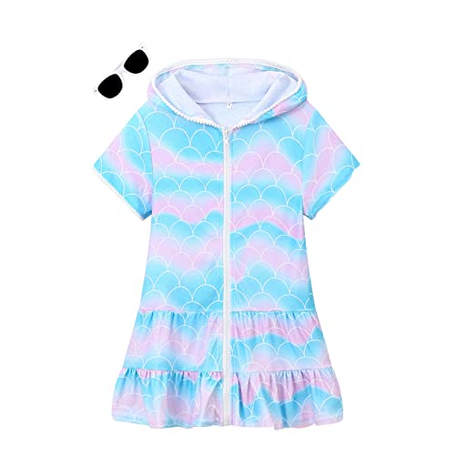 Image of Girls Swim Cover Up Kids Swimsuit Coverup Terry Zip-Up Beach Bathing Suit Wraps with Sunglasses