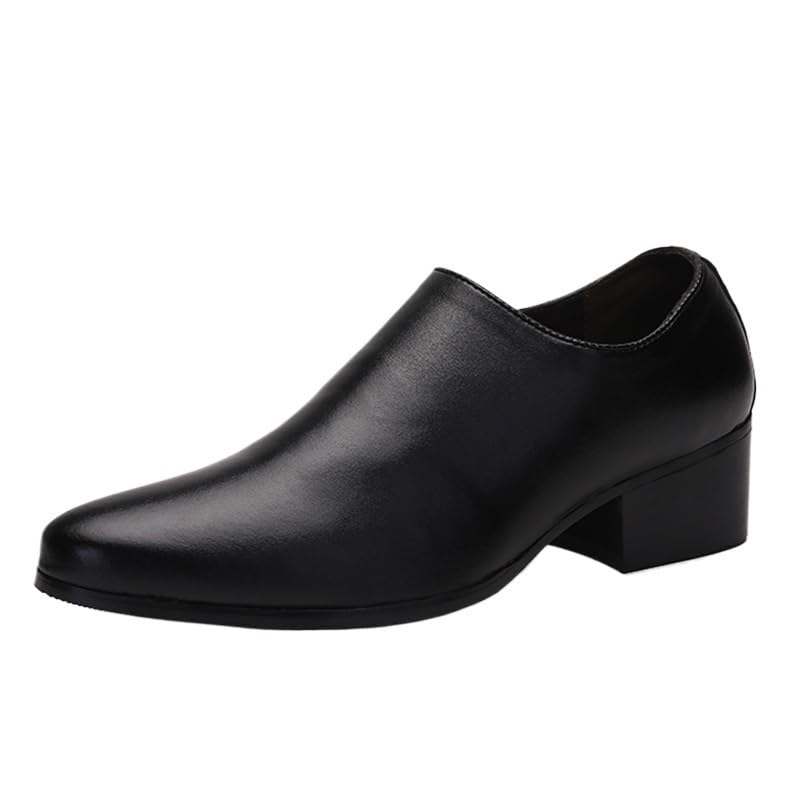 Battle Men Men's Leather Slip-On Dress Shoes with Pointed Toe, Chunky Heel, 3-Inch Height Increasing Elevator Style for Office or Formal Use