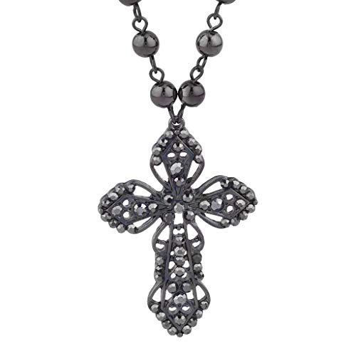 Lux Accessories Classic 80s Gothic Black Rosary Cross Beaded Pendant Necklace