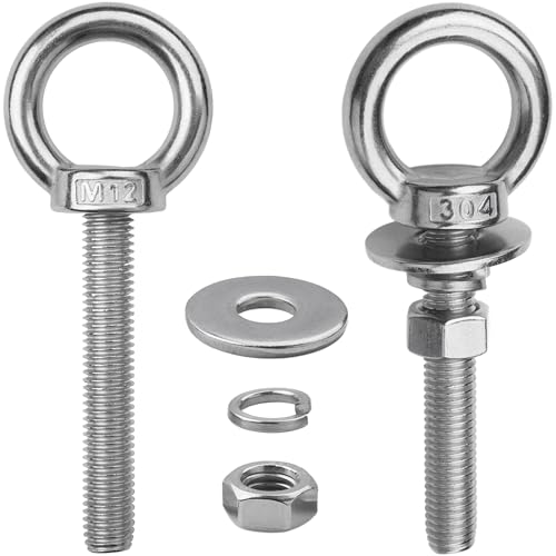 Image of 2 Pack M12 Eye Bolts with Nuts, 304 Stainless Steel 1 /2 inch x 4 inch Heavy Duty Lifting Eye Bolts, Metric M12x102mm Ring Eye Bolt for Hanging, Tie Down, Outdoor & Hardware Fixing (2, 1 /2 inchx4 inch)