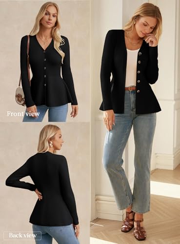 GRACE KARIN Long Sleeve Cardigan Sweaters for Women, Button Up Knit Blazer, Lightweight Business Casual Peplum Tops4