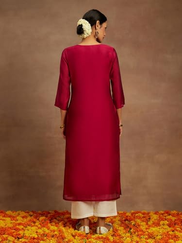 Image of Libas Womens Embroidered Silk Blend Straight Kurta for Women | Ethnic wear | Bridal Suit | Wedding Dress | Occasion wear