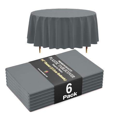 Image of Exquisite 66% Thicker Premium Silver Round Tablecloth 0.5 Mil 6 Pack Plastic Table Cloth Disposable 84 Inch Round Plastic Tablecloth Won't Tear Easily Like Cheap Thin Brands