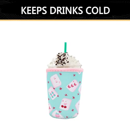 Image of YR Reusable Neoprene Insulator Sleeve for Iced Coffee Cups, 3 Pack Coffee Coolies sleeves for Iced & Hot Drinks, Cold Beverage Cooler Compatible with Starbucks Coffee and More (Cute Mahjong)