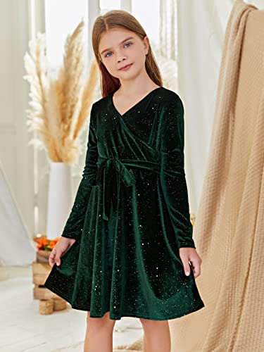 WDIRARA Girl's Velvet Glitter Wrap V Neck Long Sleeve Tie Belted Flared A Line Party Midi Dress2