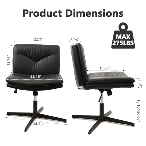 KLASIKA Criss Cross Chair with No Wheels and Armless, Mid Back Leather Cross Legged Desk Chairs with Wide Seat, Adjustable Height Swivel Computer Task Chair for Home, Vanity, Makeup, Black
