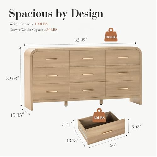 Image of Curved 9-Drawer Dresser for Bedroom, 63 inch Wide Modern Chest of Drawers, Vanity Desk TV Stand for Living Room, Closet Storage Drawers Organizer Furniture, Nursery, Hallway, Gray Oak