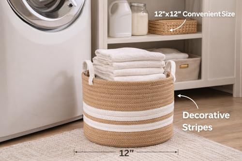 Image of RUGSZONE Jute & Cotton Big Size Basket for Storage, Clothes, Kitchen (1 Piece with Handle, Beige-White, 35x30 cm) - Round Woven Handcrafted Basket for Toys, Wardrobe, Plants (Medium 12x12)
