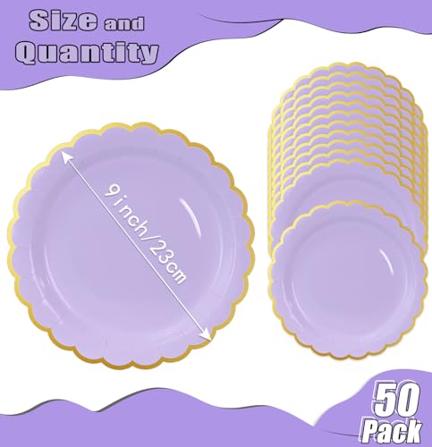 Image of HEIPINIUYE 50 Pieces Lavender Paper Plates with Gold Foil 9 Inch Disposable Light Purple Scalloped Dinner Plates for Wedding Baby Shower Birthday Party Dessert Plate