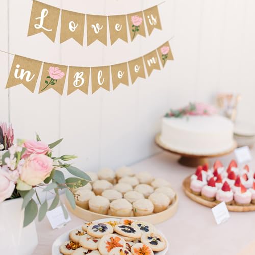 Image of Love Is In Bloom Banner Floral Bridal Shower Decoration Flower Burlap Garlands Blooming Shower Supplies, pink