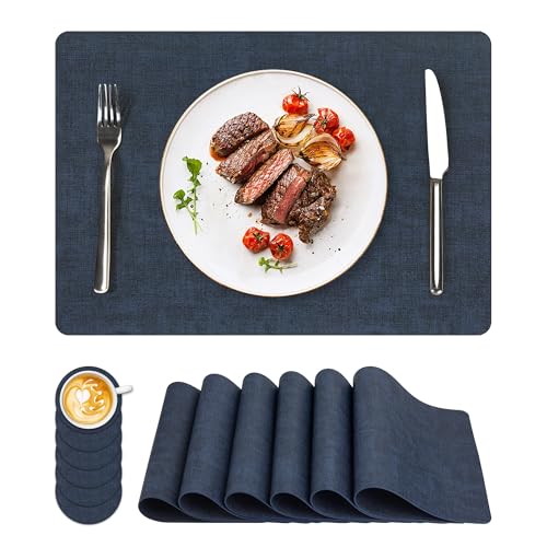 NCUE Vinyl Placemats Set of 6, 17"x12" Wipeable Place Mats with Coasters